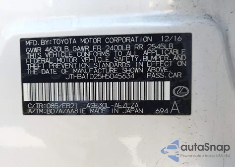 2017 Lexus Is 200T из США, поврежденный, VIN JTHBA1D25H5045634